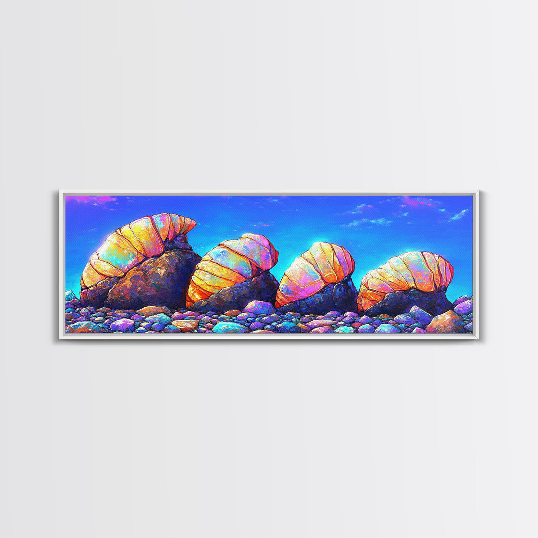 Iridescent Hermit Crabs On Pebble Shore Canvas Print, Coastal Wall Art, Beach House Decor, Ocean Art, Nautical Decor, Gift