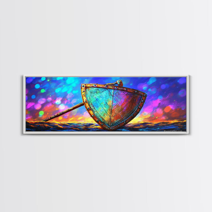 Iridescent Viking Shield And Spear Canvas Print, Fantasy Wall Art, Norse Decor, Medieval Warrior Gift For Him, Game Room Decor
