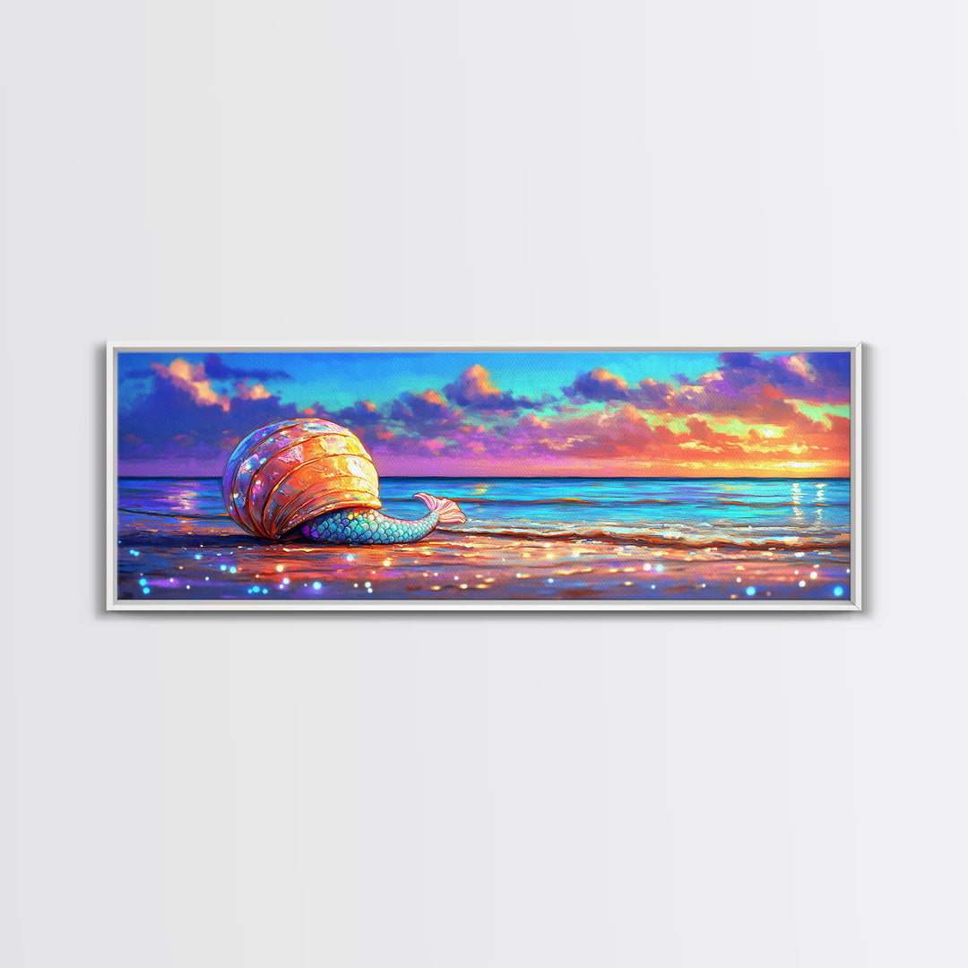 Glowing Seashell Mermaid Tail Wall Art, Coastal Canvas Print, Beach House Decor, Ocean Sunset Art For Nautical Nursery Room