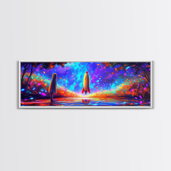 Rocket Launch Through Neon Forest Canvas Print, Futuristic Space Wall Art, Sci Fi Room Decor, Adventure Poster Gift For Him
