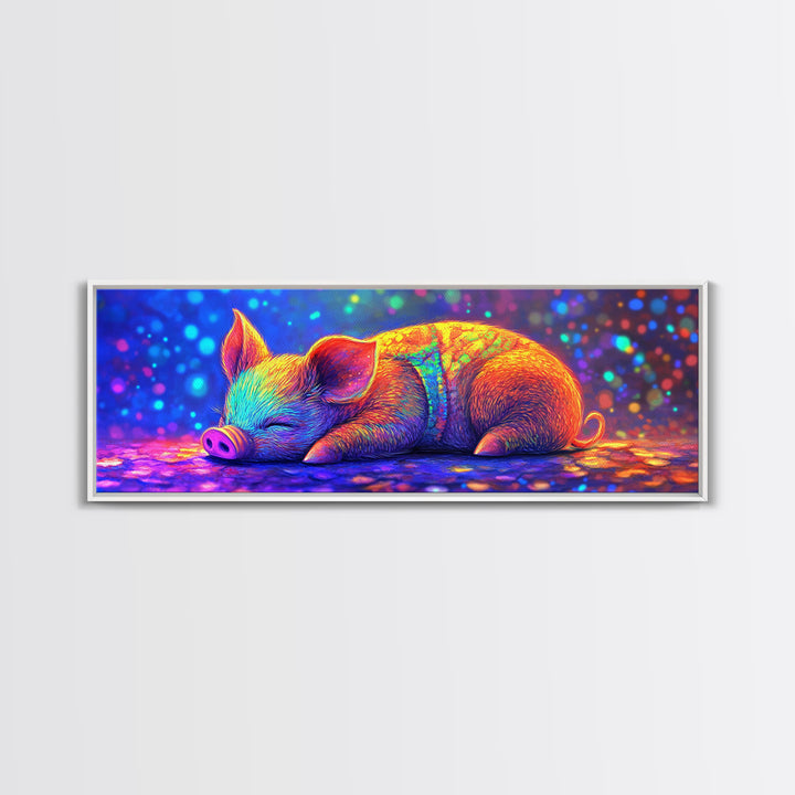 Sleeping Piglet In Rainbow Light Canvas Print, Cute Animal Wall Art, Nursery Decor, Farm Animal Art, Kids Room Wall Decor