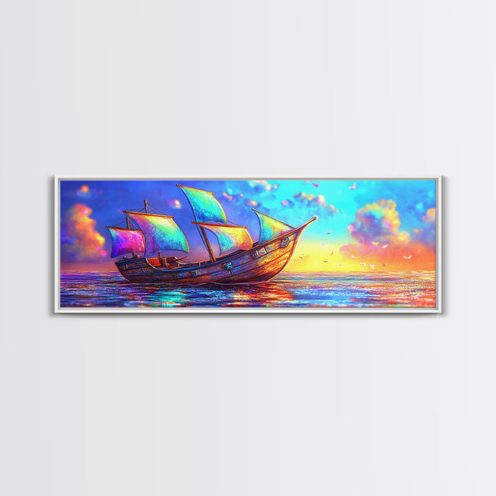 Colorful Fantasy Sailboat At Sunset Canvas Print, Nautical Coastal Wall Art, Ocean Landscape Decor, Beach House Gift Idea