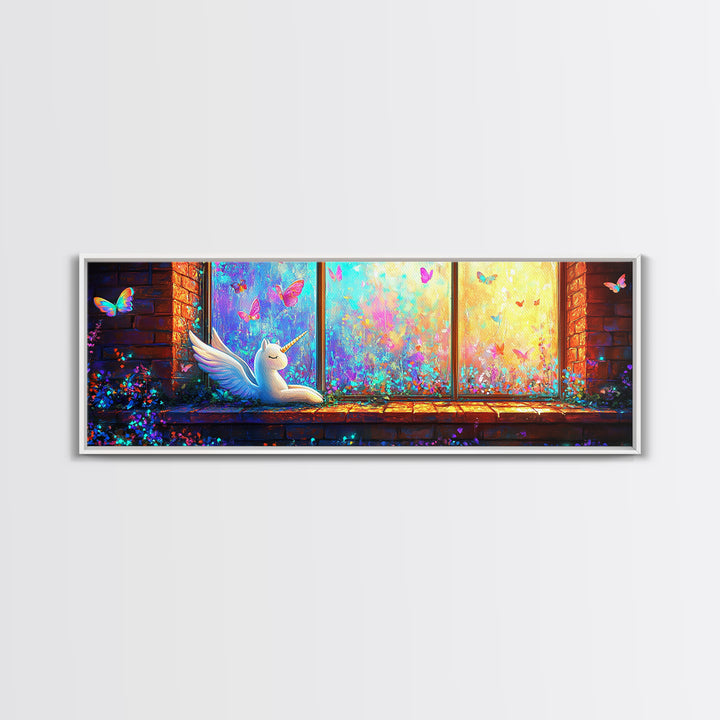 Sleeping Winged Unicorn On Window Sill Framed Canvas Print, Fantasy Wall Art, Butterfly Nursery Decor, Whimsical Gift For Her