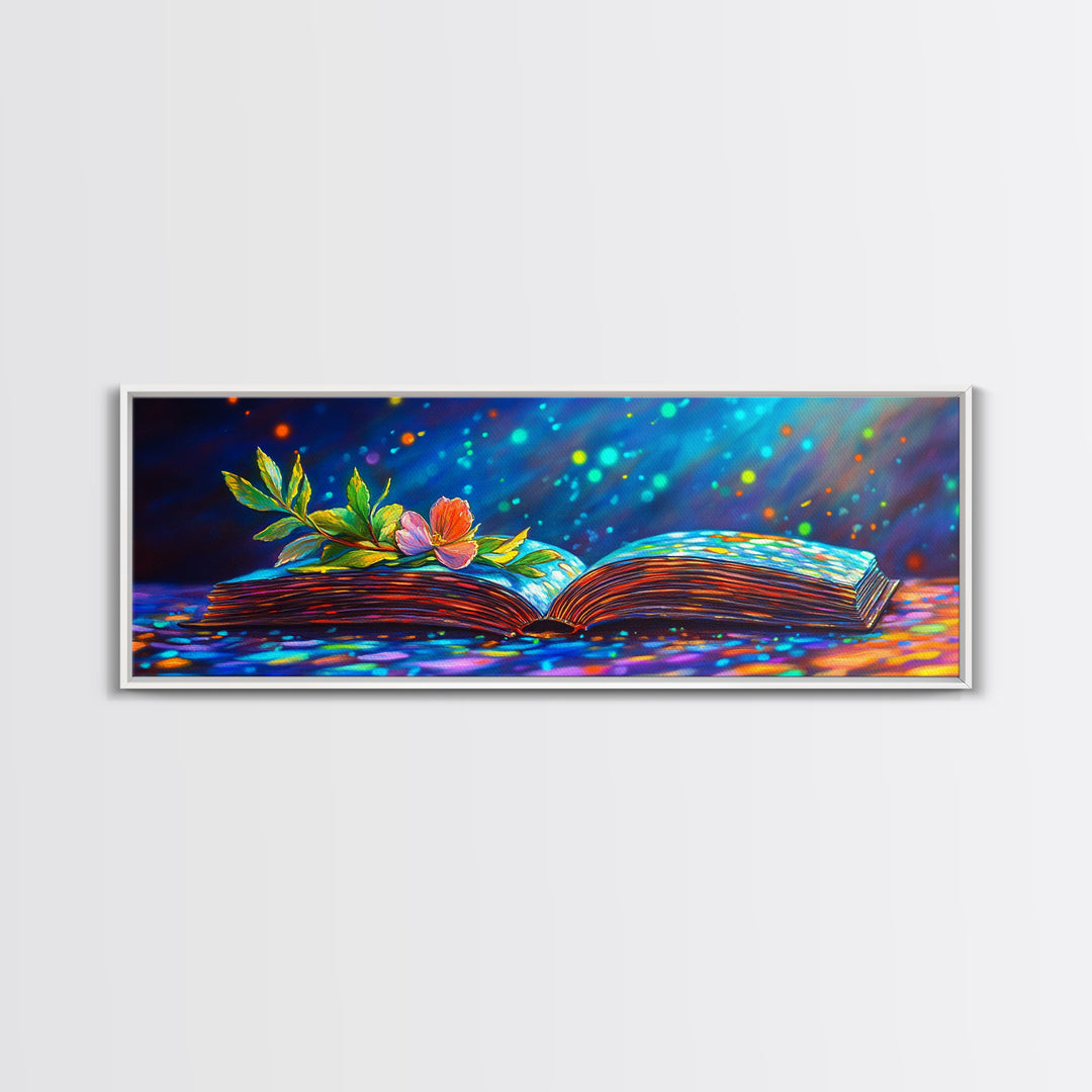 Magical Open Book With Flower Wall Art, Literary Canvas Print, Book Lover Decor, Cozy Library Reading Nook Decor Gift For Her