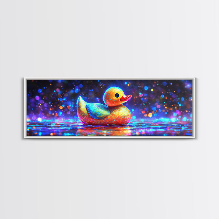 Rainbow Rubber Duck On Sparkling Water Wall Art, Whimsical Bathroom Decor, Kids Room Art, Cute Animal Canvas Print, Gift For Kids