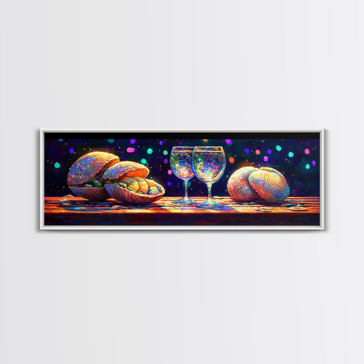 Iridescent Seashells And Wine Glasses Canvas Print, Coastal Kitchen Wall Art, Beach House Decor, Dining Room Print, Gift For Her