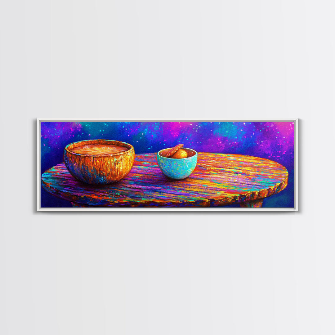 Rainbow Wooden Table And Bowls Canvas Print, Colorful Still Life Wall Art, Modern Kitchen Decor, Dopamine Dining Room Print