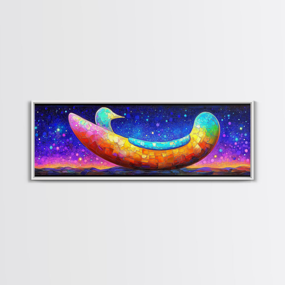 Rainbow Crescent Moon Bird Wall Art, Whimsical Celestial Canvas Print, Colorful Nursery Decor, Dreamy Kids Room Gift, Baby Shower Gift