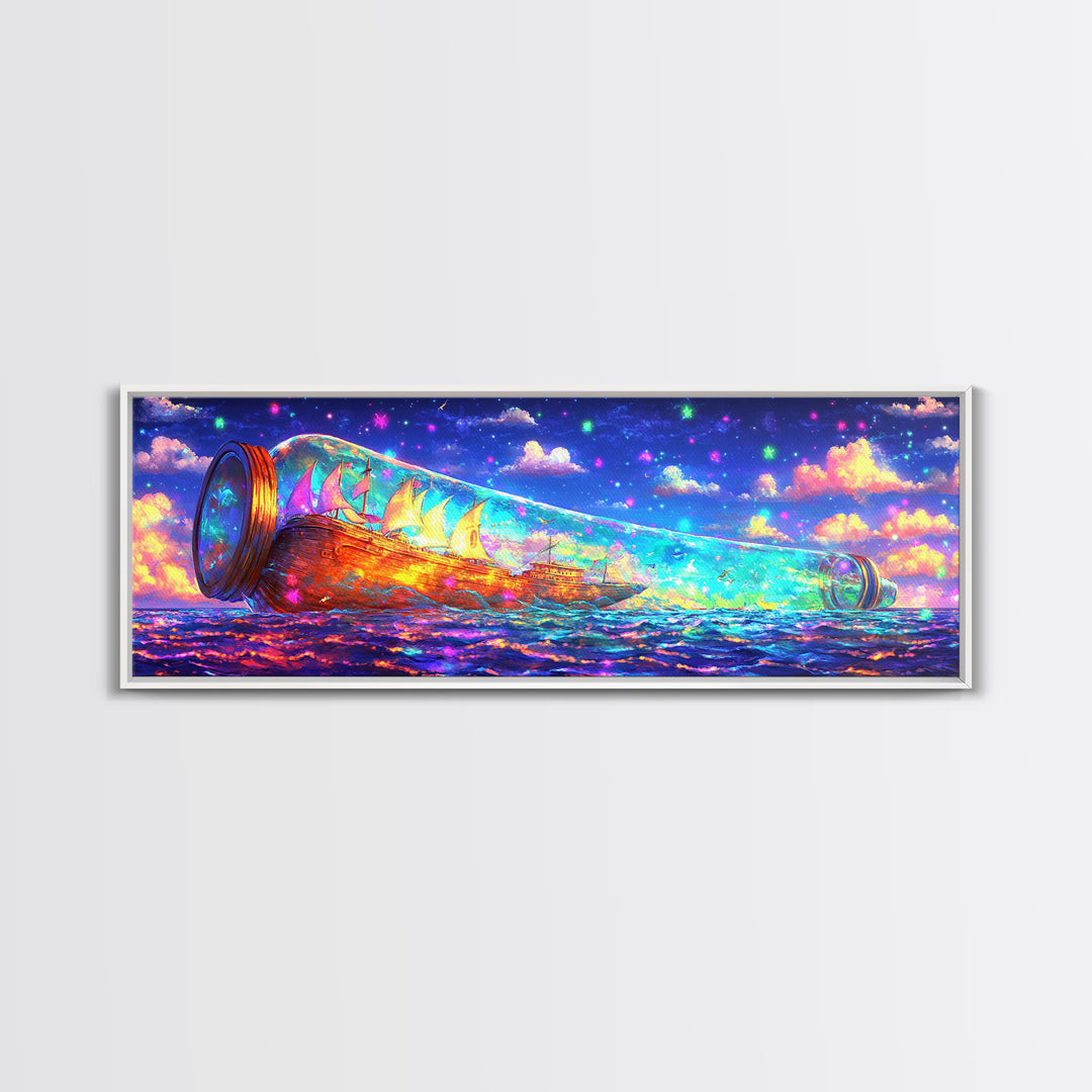 Glowing Message Bottle At Starry Sea Canvas Print, Fantasy Wall Art, Ocean Decor, Nautical Print, Whimsical Coastal Gift