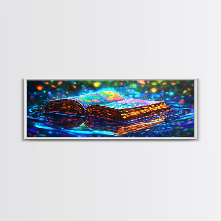 Glowing Open Book On Moonlit Water Canvas Print, Fantasy Wall Art, Library Decor, Book Lover Gift, Magical Reading Nook Art