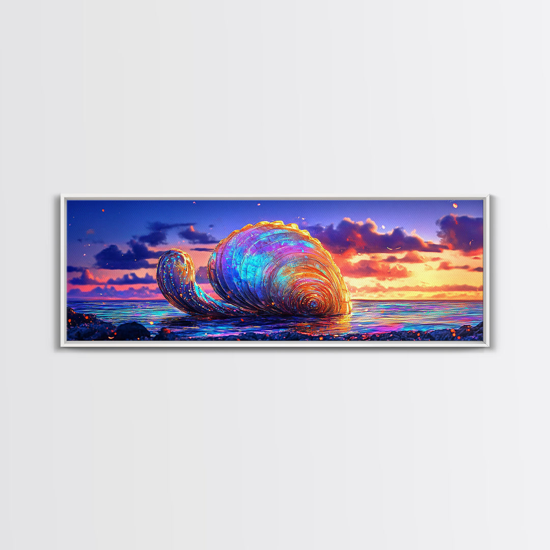 Giant Iridescent Seashell At Ocean Sunset Wall Art, Coastal Canvas Print For Beach House Living Room Decor And Nautical Gift