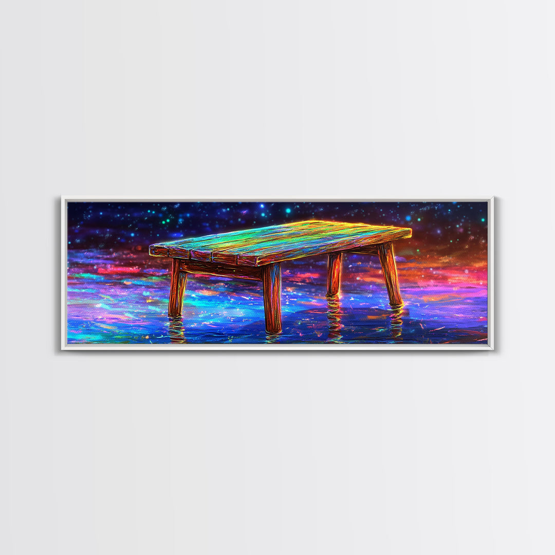Glowing Wooden Dock Over Reflective Water Wall Art, Starry Landscape Canvas Print For Lake House Decor And Home Office Decor