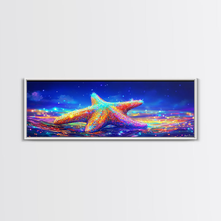 Rainbow Starfish In Moonlit Surf Canvas Print, Coastal Wall Art, Ocean Seascape Decor, Beach House Gift For Her, Summer Decor