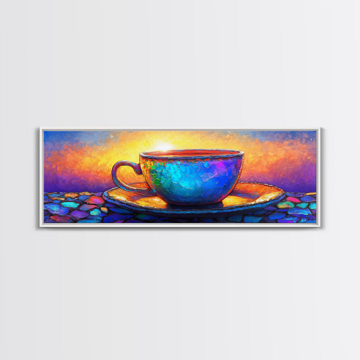 Textured Blue Teacup On Mosaic Saucer Canvas Print, Coffee Art, Kitchen Wall Art, Colorful Wall Art, Cozy Cafe Home Decor
