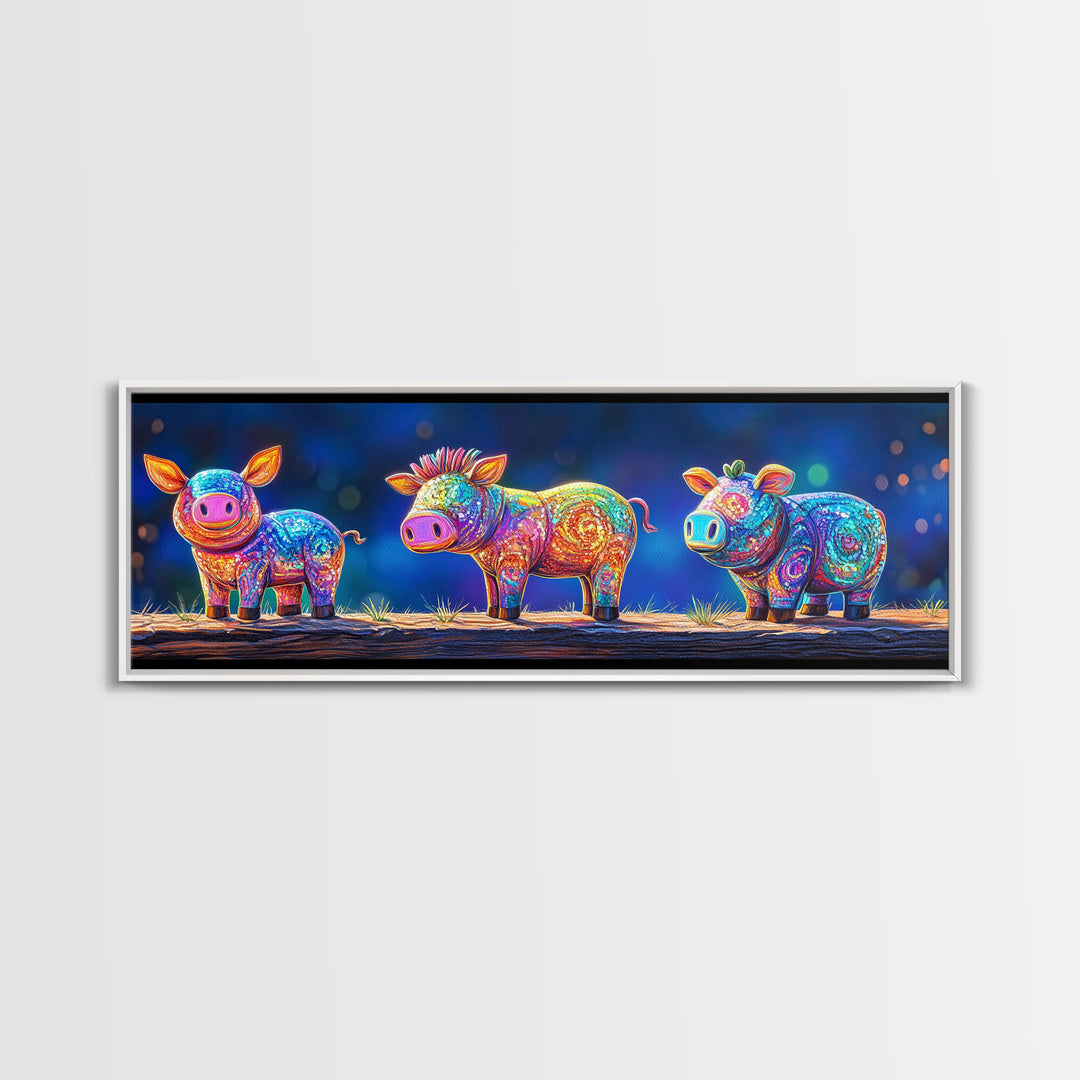 Three Rainbow Farm Animal Figures Wall Art, Colorful Animal Nursery Art, Whimsical Farmhouse Decor, Kids Room Canvas Print
