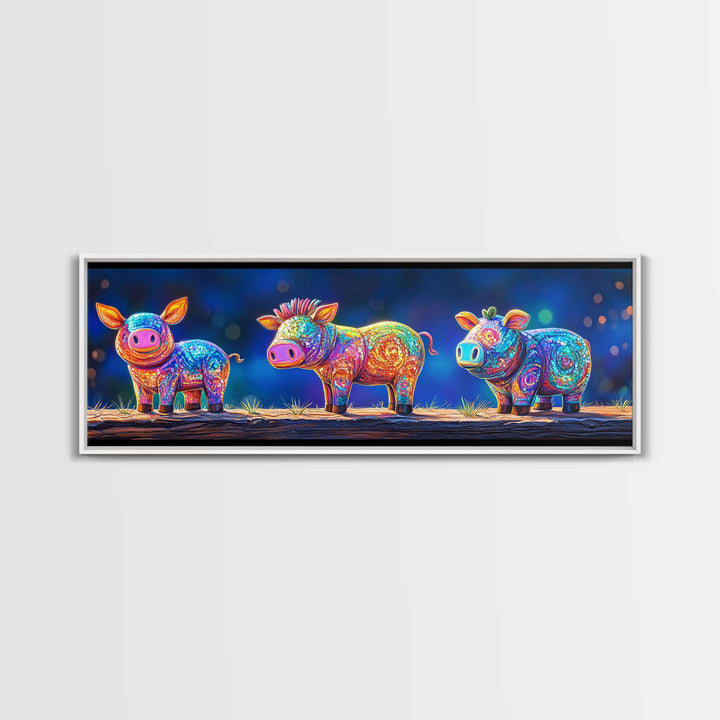 Three Rainbow Farm Animal Figures Wall Art, Colorful Animal Nursery Art, Whimsical Farmhouse Decor, Kids Room Canvas Print