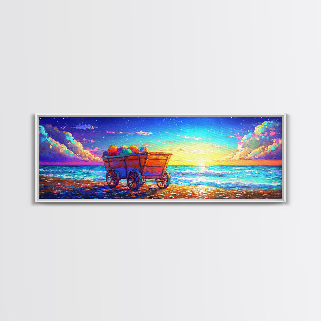 Wooden Wagon On Sunset Beach Framed Canvas Print, Coastal Wall Art, Ocean Painting, Beach House Decor, Seascape Art, Summer Home Decor
