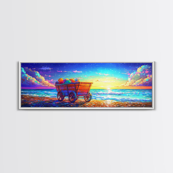 Wooden Wagon On Sunset Beach Framed Canvas Print, Coastal Wall Art, Ocean Painting, Beach House Decor, Seascape Art, Summer Home Decor