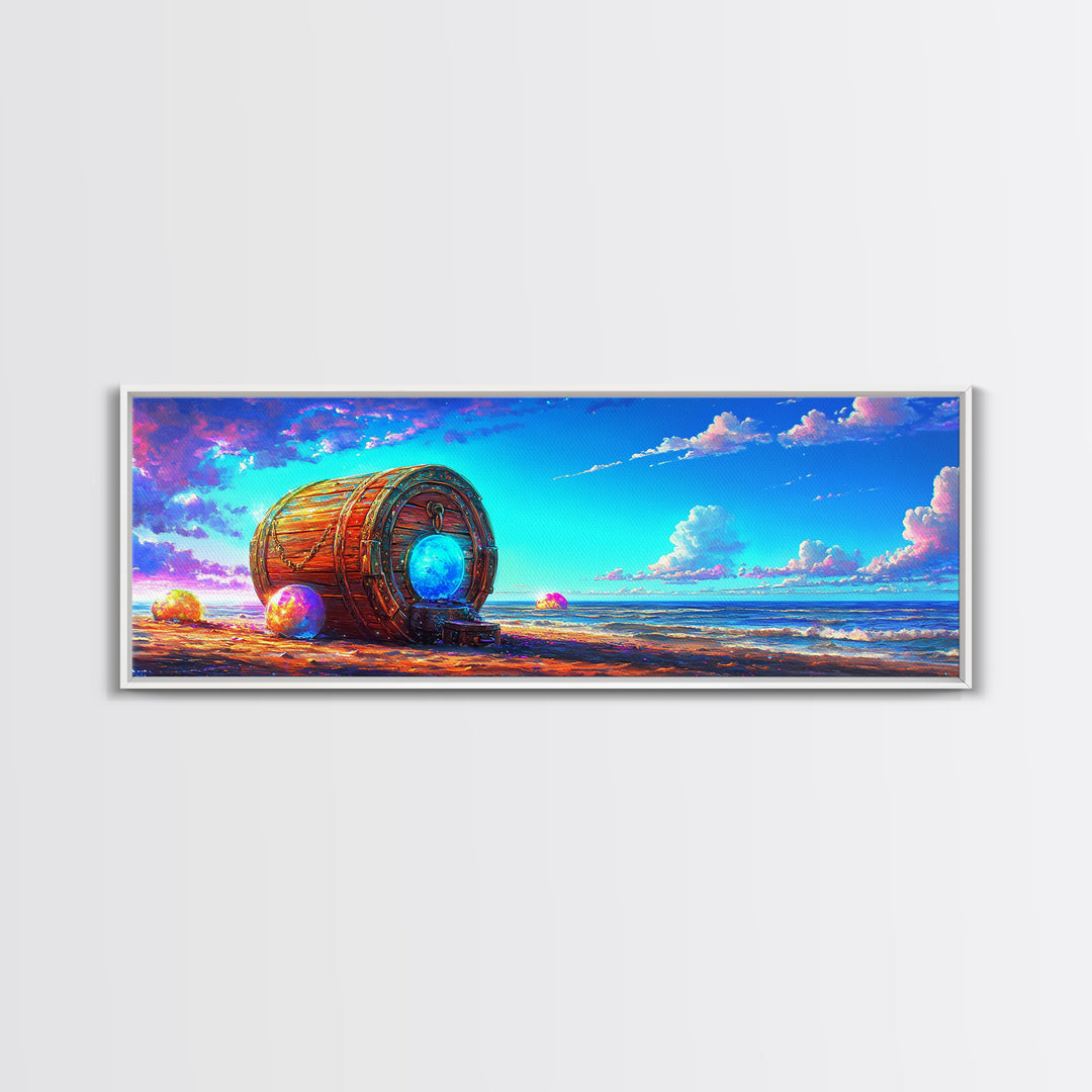 Glowing Barrel On Dreamy Seashore Framed Canvas Print, Coastal Wall Art, Beach House Decor, Surreal Ocean Wall Art, Nautical Decor
