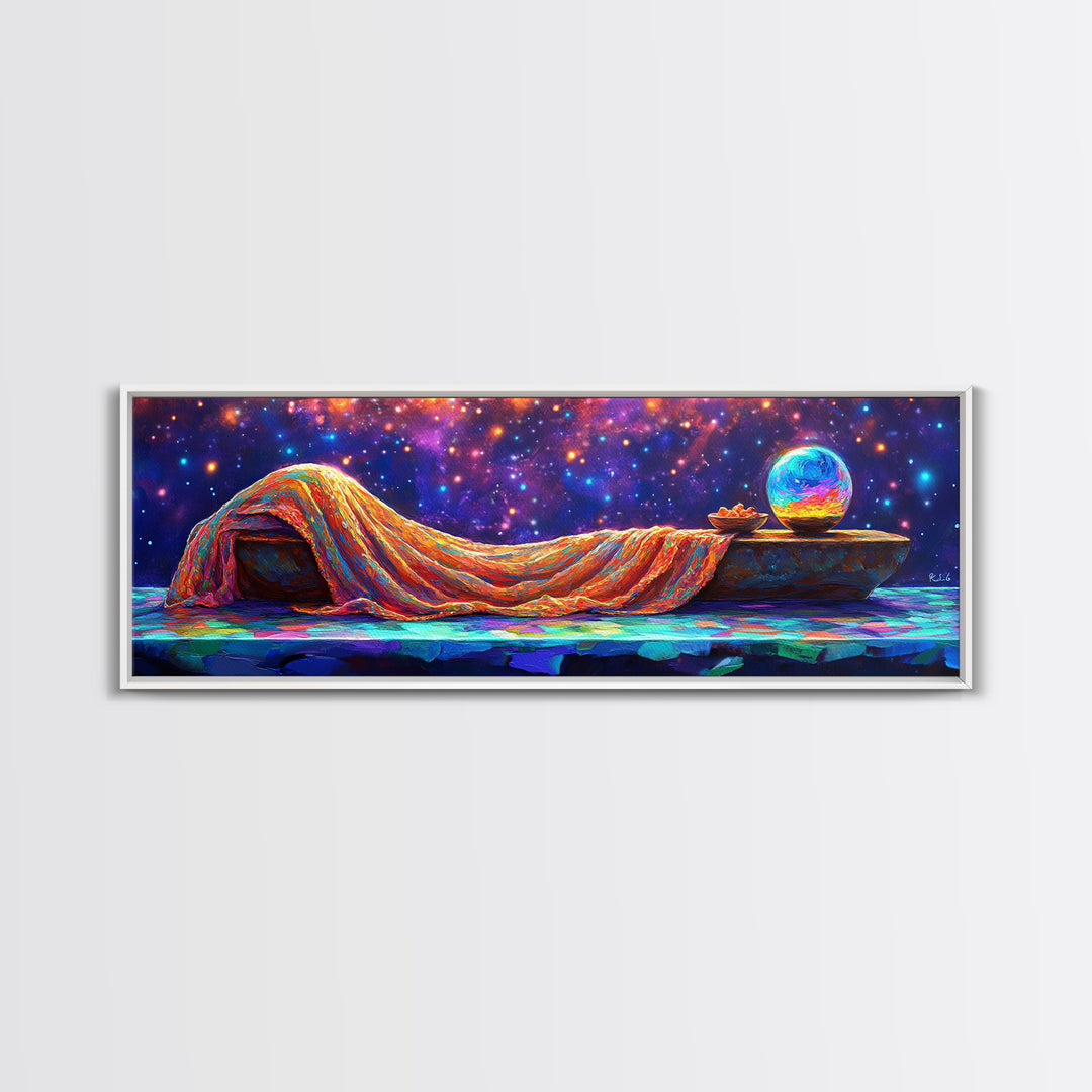 Dreamy Draped Bed Under Starry Sky Wall Art, Celestial Wall Art, Surreal Art, Whimsical Decor, Bedroom Wall Art, Modern Home Decor