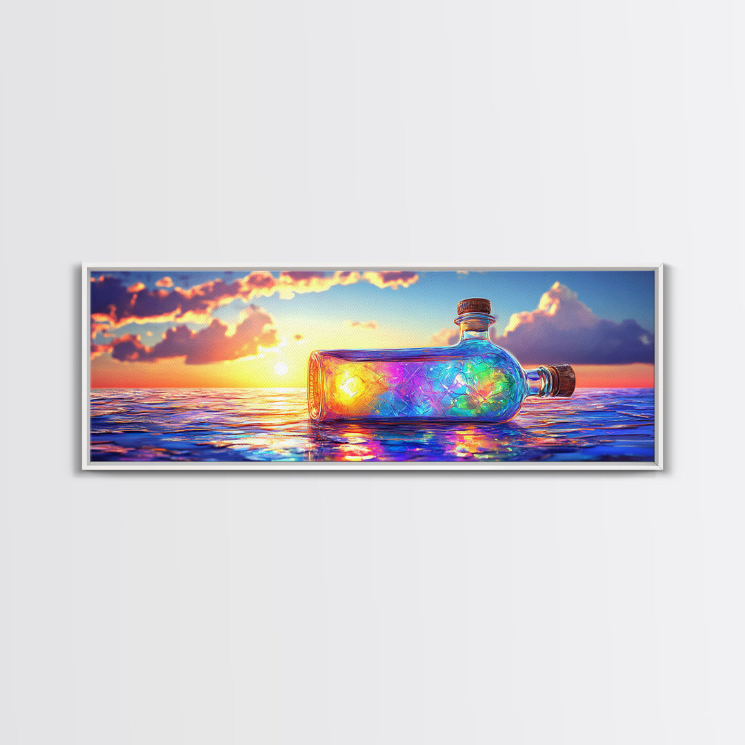 Glowing Message Bottle At Ocean Sunset Framed Canvas Print, Coastal Wall Art, Beach House Decor And Nautical Gift For Living Room