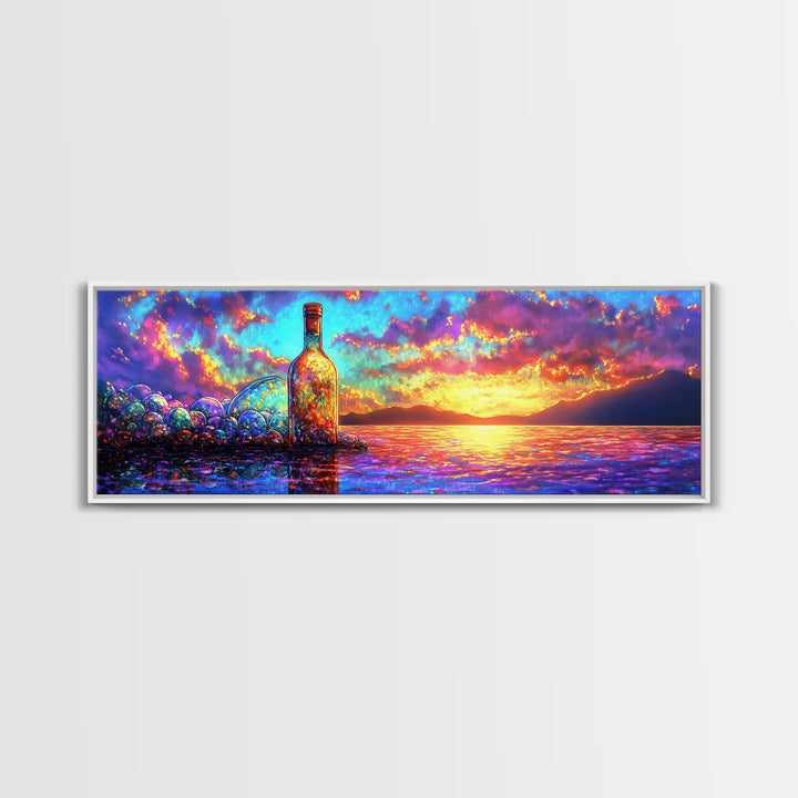 Glowing Bottle On Sunset Shore Canvas Print, Vibrant Ocean Wall Art, Coastal Beach House Decor For Living Room And Office Decor