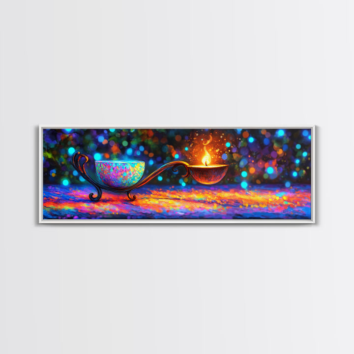 Ornate Rainbow Oil Lamp With Flame Framed Canvas Print, Spiritual Wall Art, Meditation Decor, Boho Home Decor Gift, Zen Wall Decor