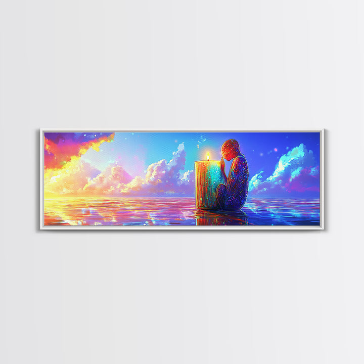 Solitary Figure Holding Candle By Sunset Sea Wall Art, Mystical Ocean Canvas Print, Spiritual Decor, Coastal Meditation Room Decor