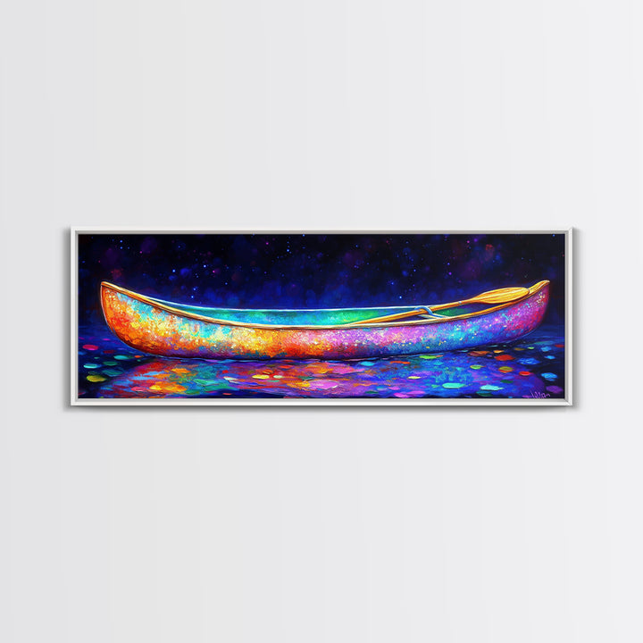 Rainbow Canoe Floating Under Starry Night Canvas Print, Nautical Wall Art, Colorful Coastal Decor, Lake House Statement Art