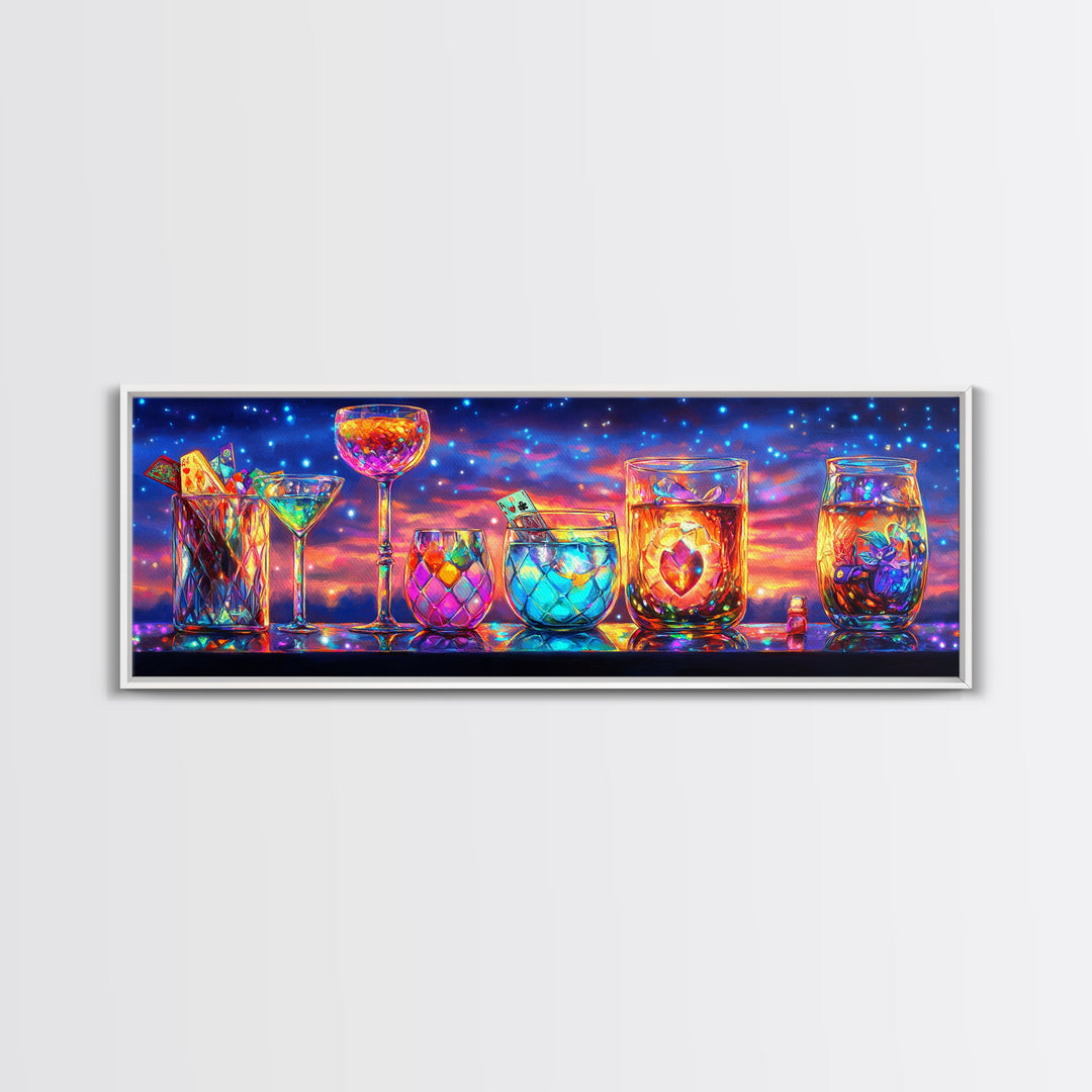 Glowing Cocktail Glasses At Twilight Wall Art, Colorful Bar Cart Canvas Print, Home Bar Decor, Martini And Wine Lover Gift