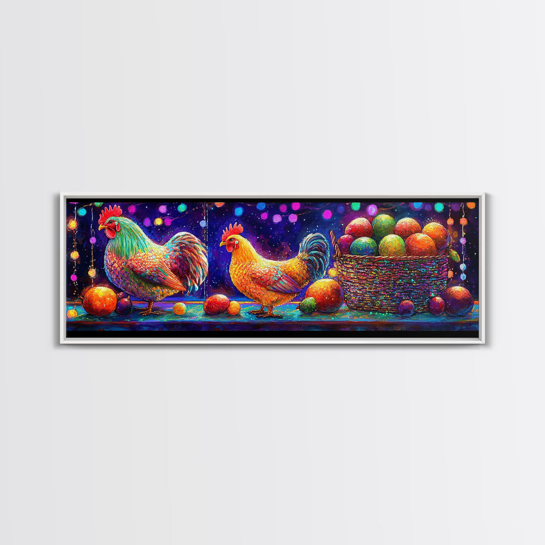 Colorful Roosters And Hen With Fruit Basket Canvas Print, Farmhouse Kitchen Wall Art, Chicken Art, Rustic Home Decor Gift