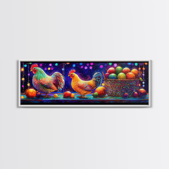 Colorful Roosters And Hen With Fruit Basket Canvas Print, Farmhouse Kitchen Wall Art, Chicken Art, Rustic Home Decor Gift