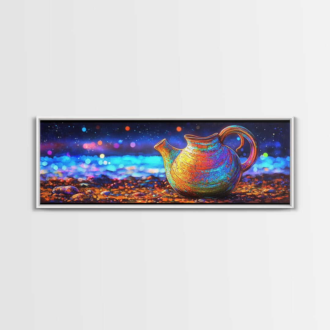 Iridescent Ceramic Pitcher Under Starry Lights Framed Canvas Print, Colorful Kitchen Wall Art, Modern Home Decor, Unique Gift