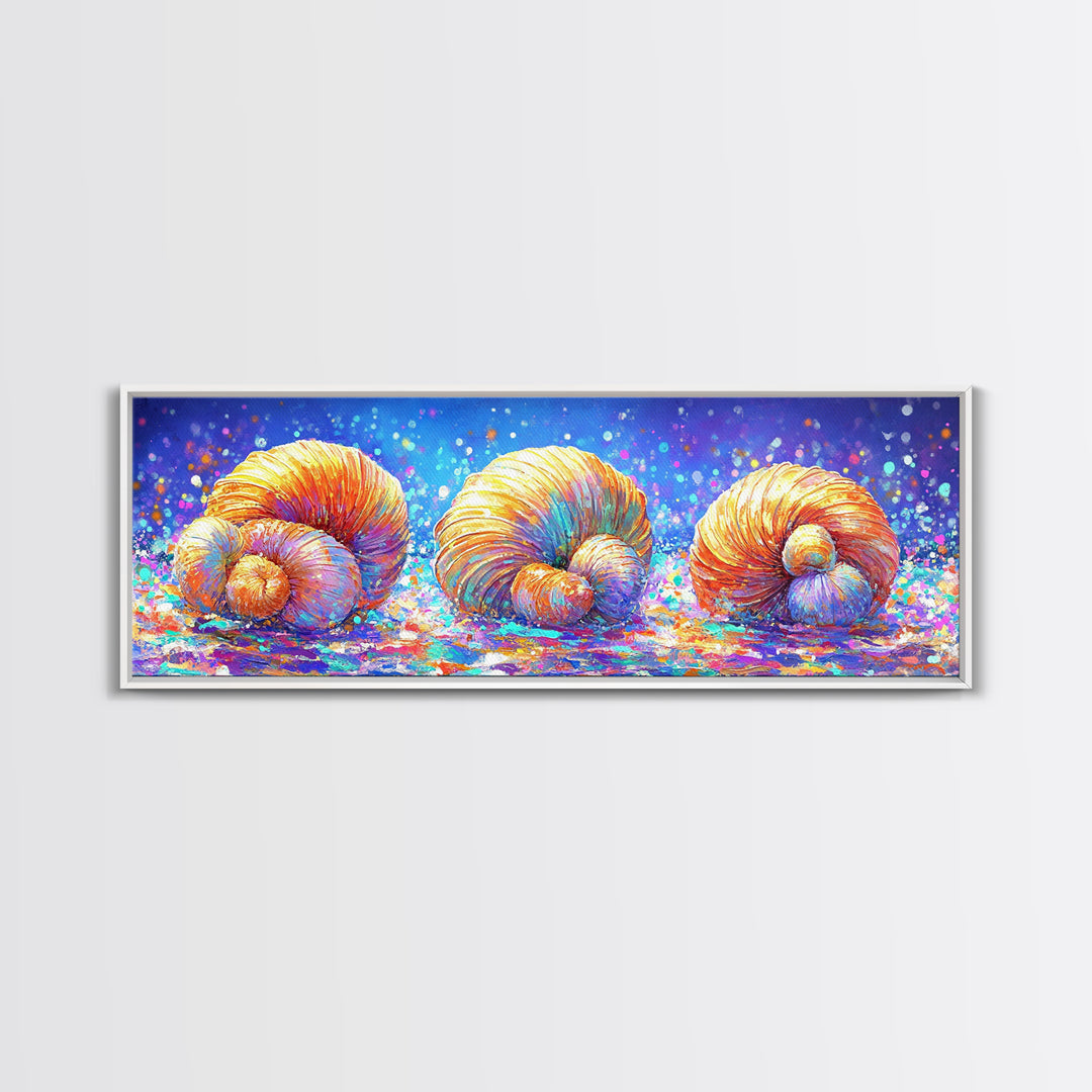 Three Radiant Seashells In Confetti Light Canvas Print, Coastal Wall Art, Beach House Decor, Nautical Bathroom Wall Decor
