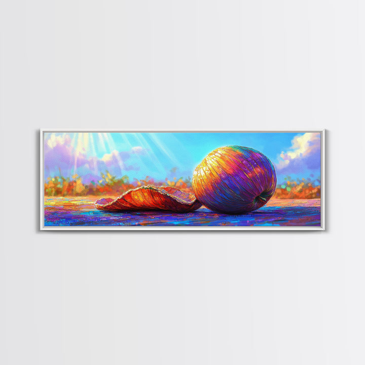 Sunlit Rainbow Seashell And Orange Shell Canvas Print, Coastal Beach Wall Art, Tropical Ocean Decor, Bright Gift For Her