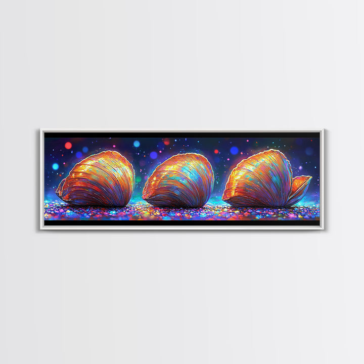 Three Glowing Seashells Canvas Print, Coastal Wall Art, Ocean Bathroom Decor, Beach House Gift, Colorful Nautical Art Print