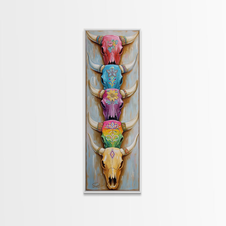 Stacked Painted Longhorn Skulls Wall Art, Southwestern Western Decor, Cowgirl Framed Canvas Print, Boho Ranch Home Decor