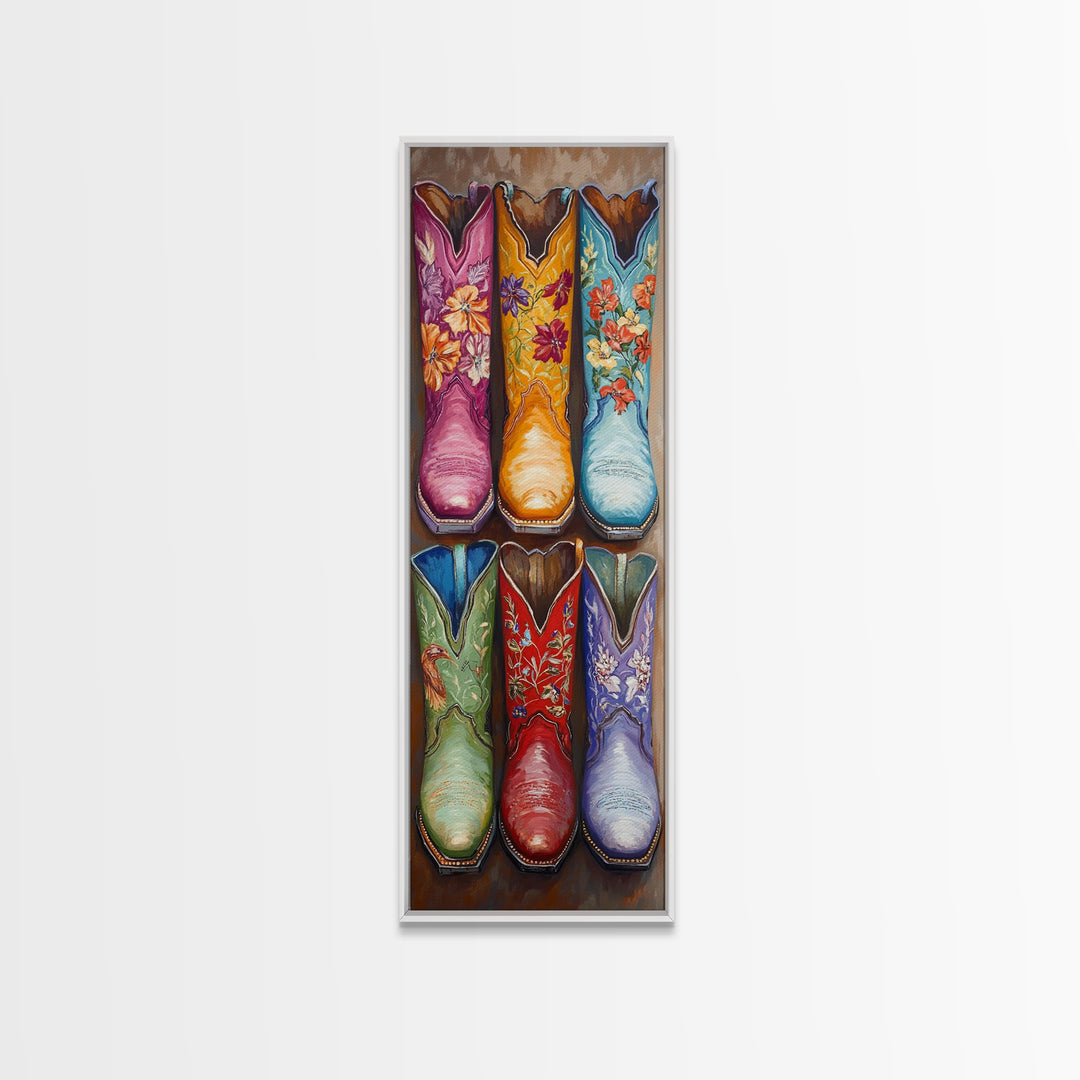 Six Floral Cowboy Boots Wall Art, Western Framed Canvas Print For Cowgirl Bedroom Living Room Rustic Home Decor Gift For Her