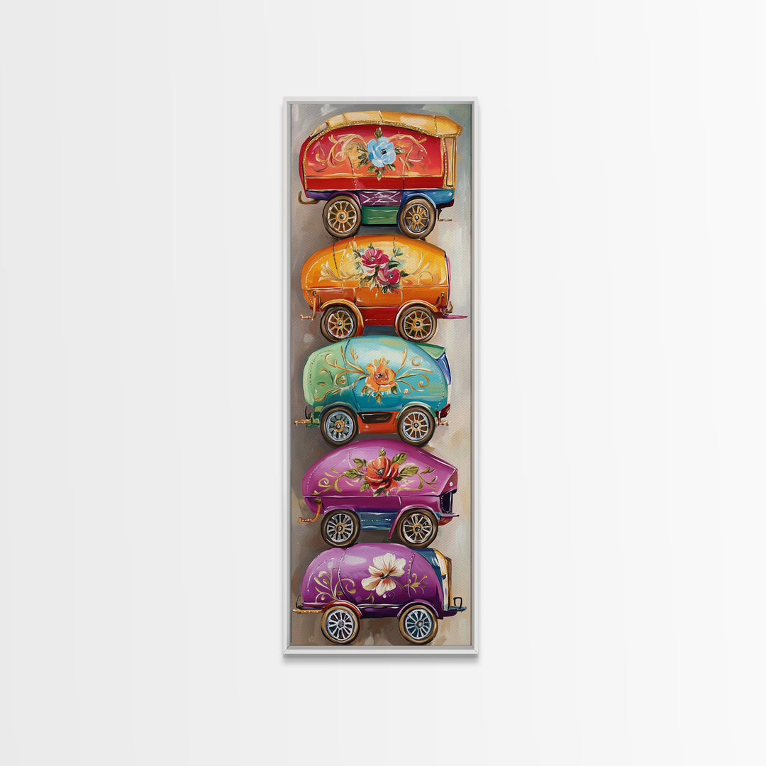 Whimsical Floral Covered Wagons Wall Art, Western Framed Canvas Print For Nursery Kitchen Living Room Home Decor Gift For Her