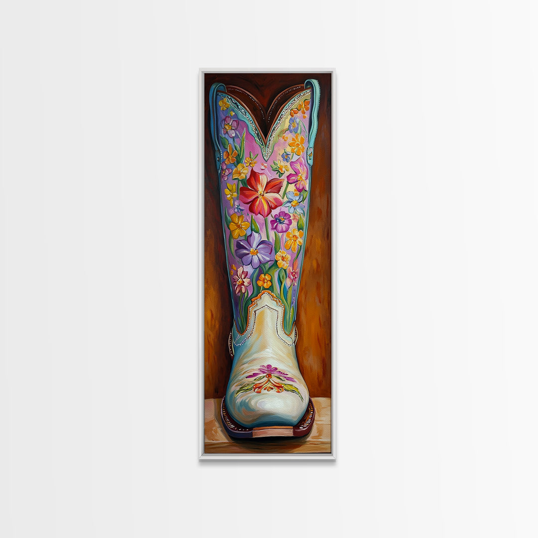 Turquoise Floral Cowboy Boot Framed Canvas Print, Western Cowgirl Wall Art, Boho Rodeo Decor, Southwestern Living Room Art