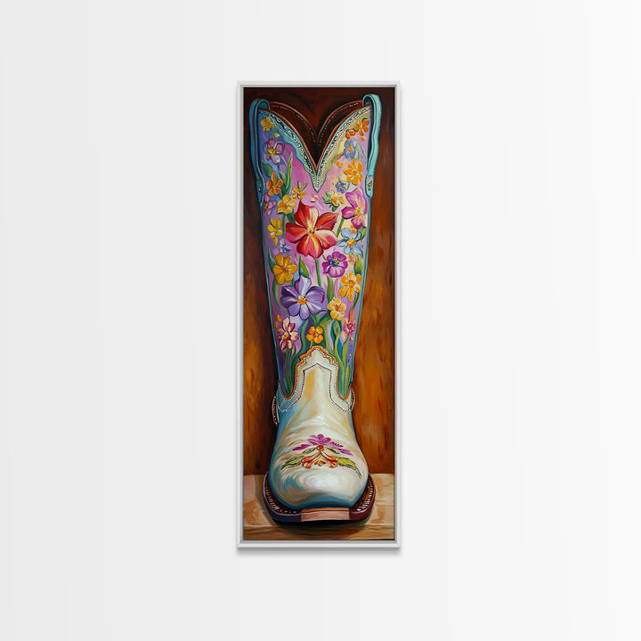 Turquoise Floral Cowboy Boot Framed Canvas Print, Western Cowgirl Wall Art, Boho Rodeo Decor, Southwestern Living Room Art