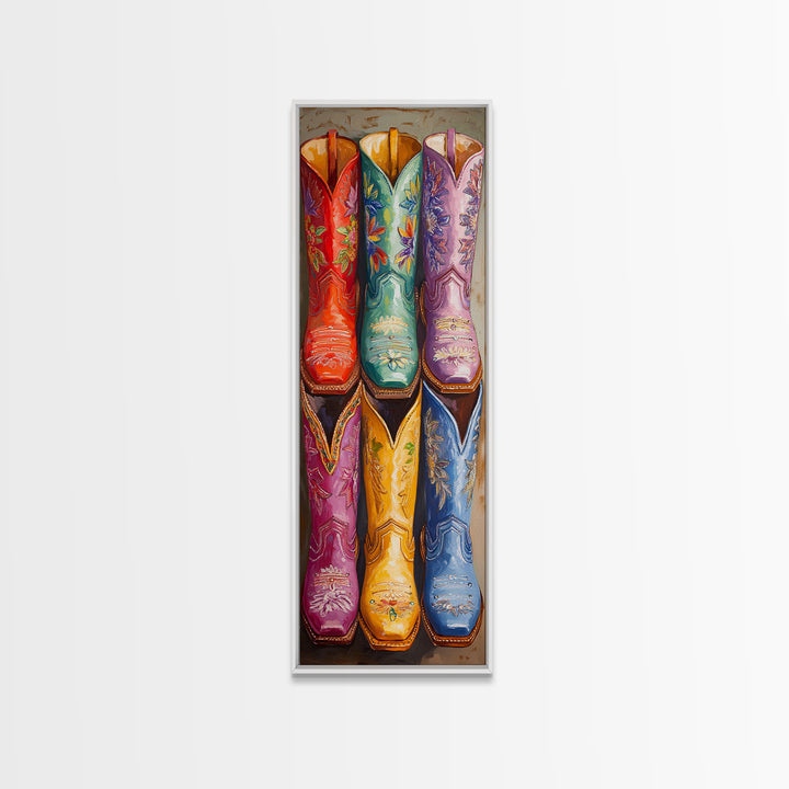 Bright Embroidered Western Boots Framed Canvas Print, Cowgirl Wall Art, Rodeo Decor, Boho Farmhouse Living Room Home Decor Gift