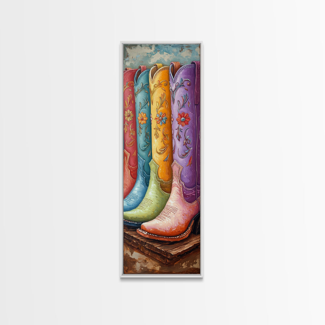 Bright Embroidered Cowboy Boots Painting, Western Canvas Print, Cowgirl Wall Decor, Boho Ranch Home Decor, Gift For Her, Art Print