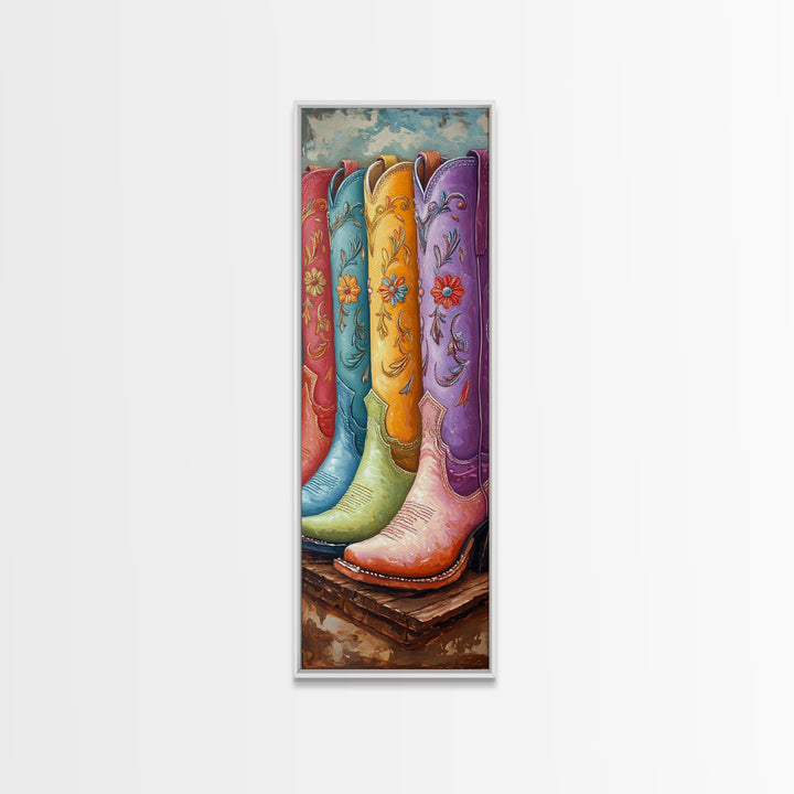 Bright Embroidered Cowboy Boots Painting, Western Canvas Print, Cowgirl Wall Decor, Boho Ranch Home Decor, Gift For Her, Art Print