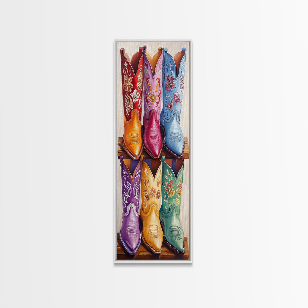 Six Embroidered Cowboy Boots Framed Canvas Print, Western Wall Art, Cowgirl Decor, Rustic Home Decor, Farmhouse Wall Decor