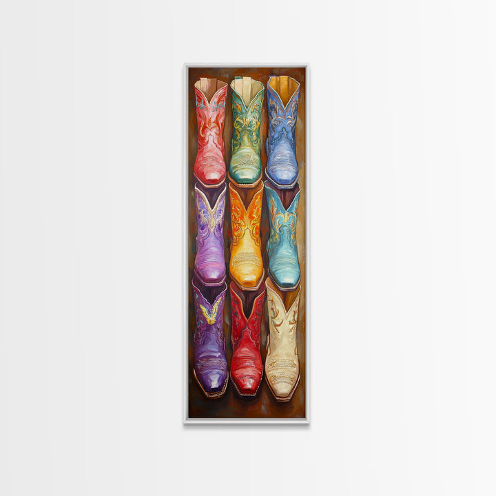 Vivid Embroidered Western Boots Framed Canvas Print, Cowgirl Wall Art, Southwestern Decor, Rustic Wall Decor, Gift For Her