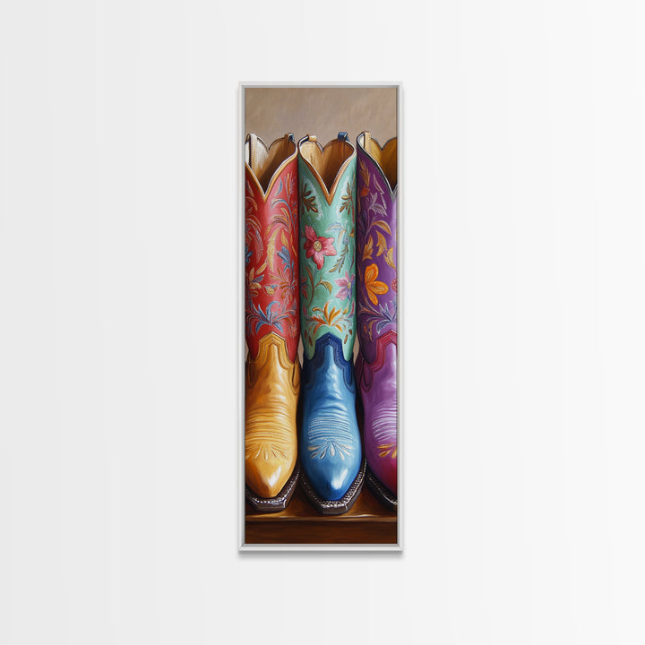 Red Aqua And Purple Floral Cowboy Boots Canvas Print, Western Cowgirl Wall Decor, Rustic Ranch Art, Living Room Home Decor