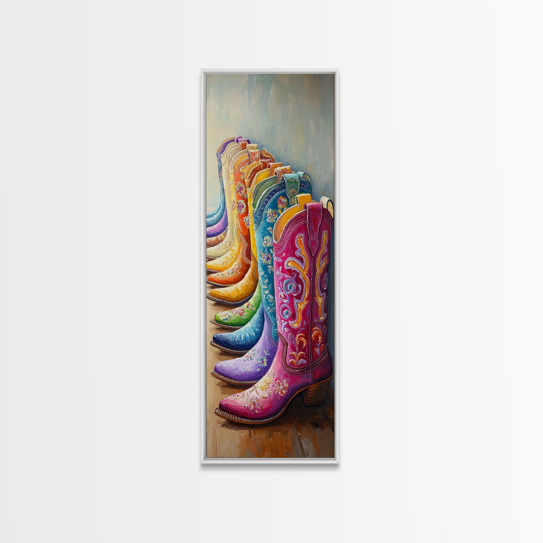Rainbow Row Of Floral Cowboy Boots Framed Canvas Print, Western Cowgirl Wall Art, Maximalist Ranch Home Decor, Gift For Her