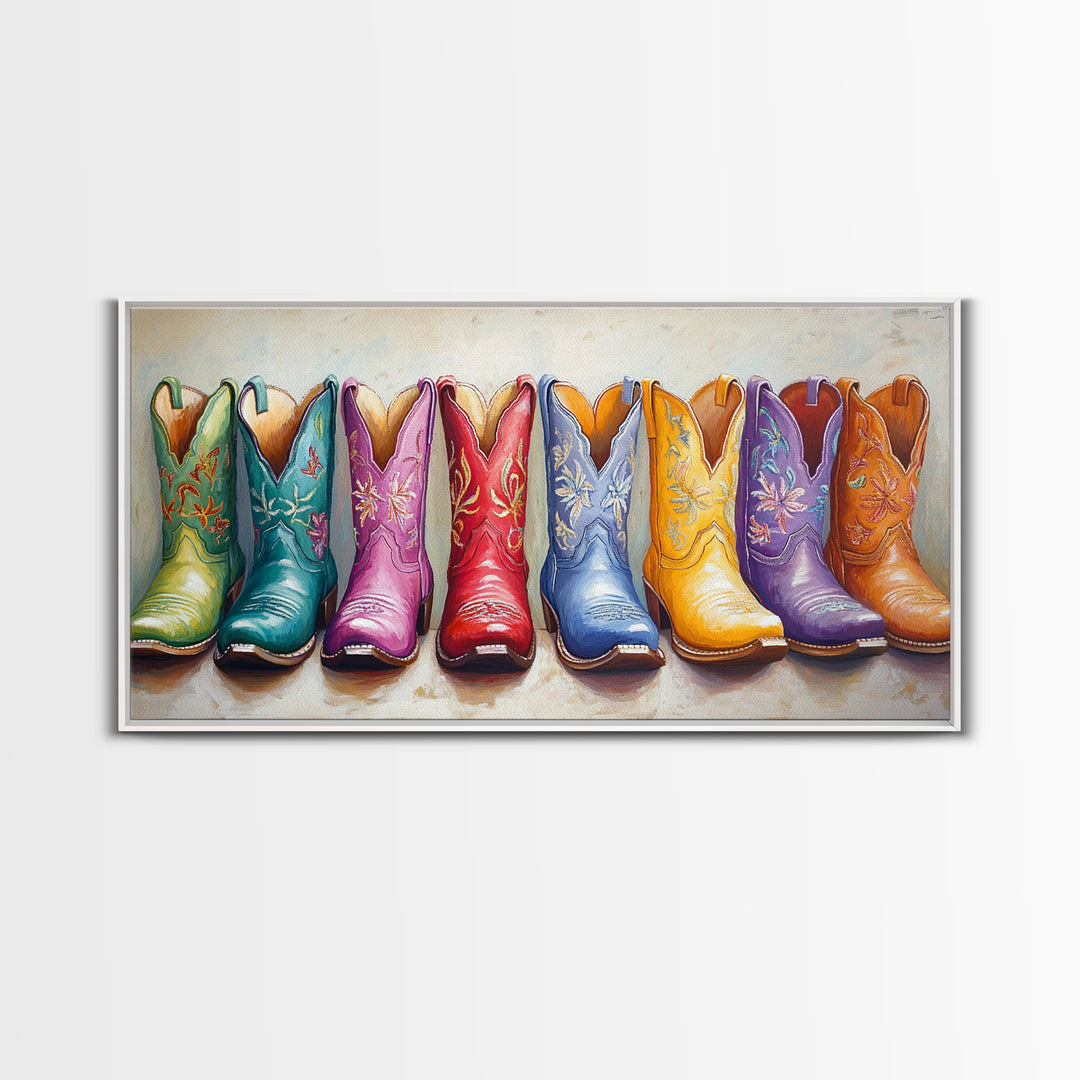 Bright Embroidered Cowboy Boots Wall Art, Western Cowgirl Canvas Print For Boho Bedroom Decor And Rustic Ranch Home Decor