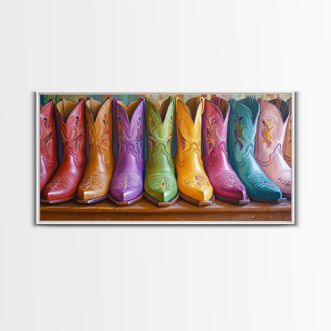Bright Leather Cowgirl Boots With Floral Stitching Wall Art, Western Decor, Boho Wall Art Print, Rustic Farmhouse Gift For Her
